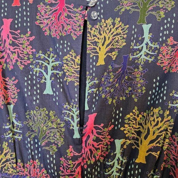 Emily and Fin modest navy blue with colorful tree printed cotton dress. Size S. - Picture 4 of 6